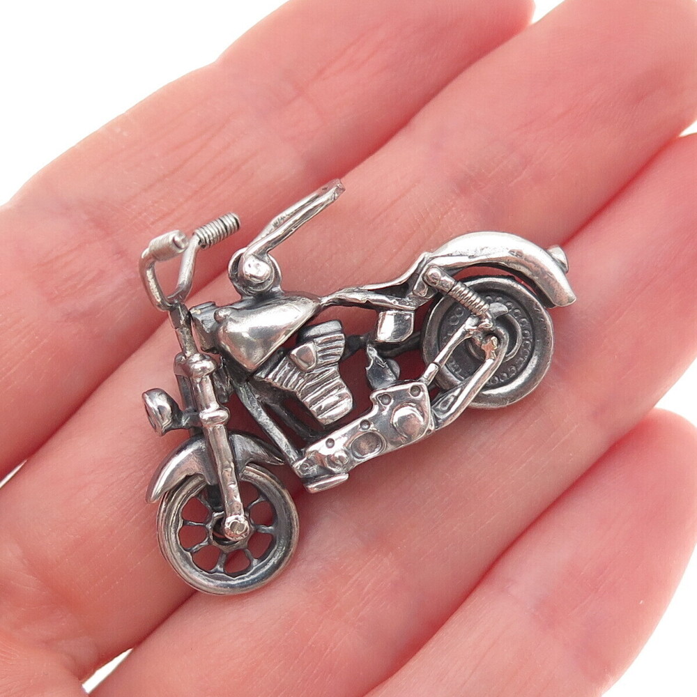 925 Sterling Silver Vintage Motorcycle Oxidized 3D Movable Charm Pendant